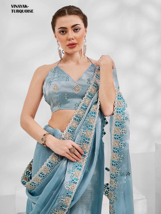  Vinayak Turquoise By Laxminam Chiffon Saree Wholesale Market in Surat